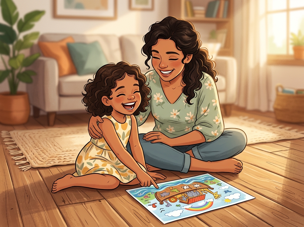 Mãe e filha fazendo atividade bíblica juntas